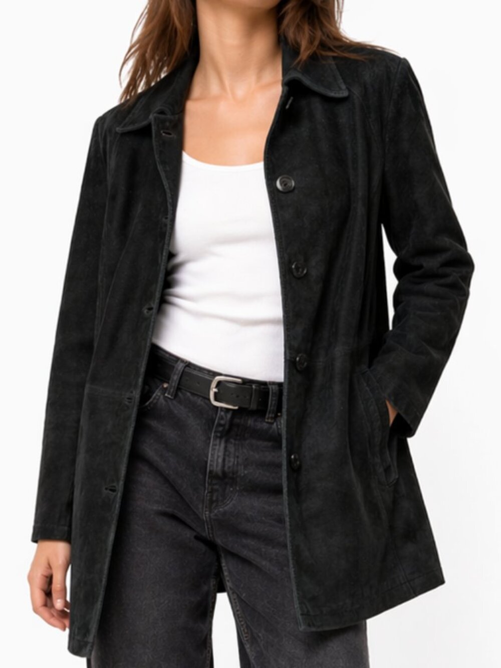 Vintage 90s BERNARDO Suede Leather Car Coat Jacket Black Large